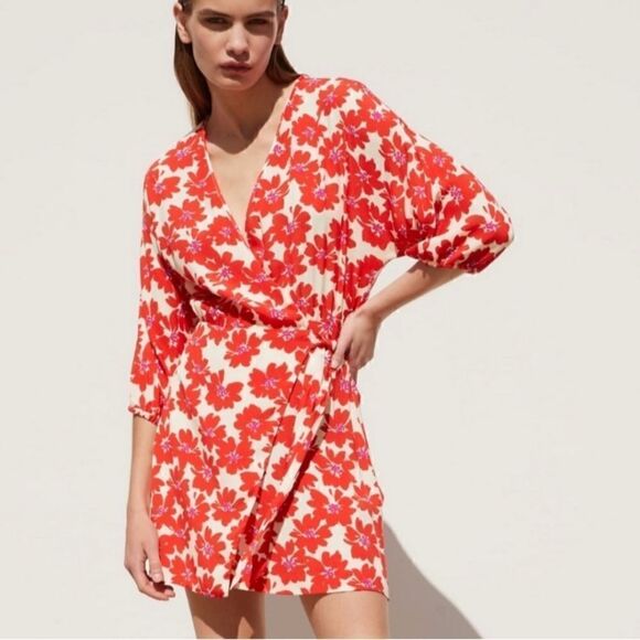 Zara Red Floral Print Wrap Mini Dress size XS - Picture 1 of 11